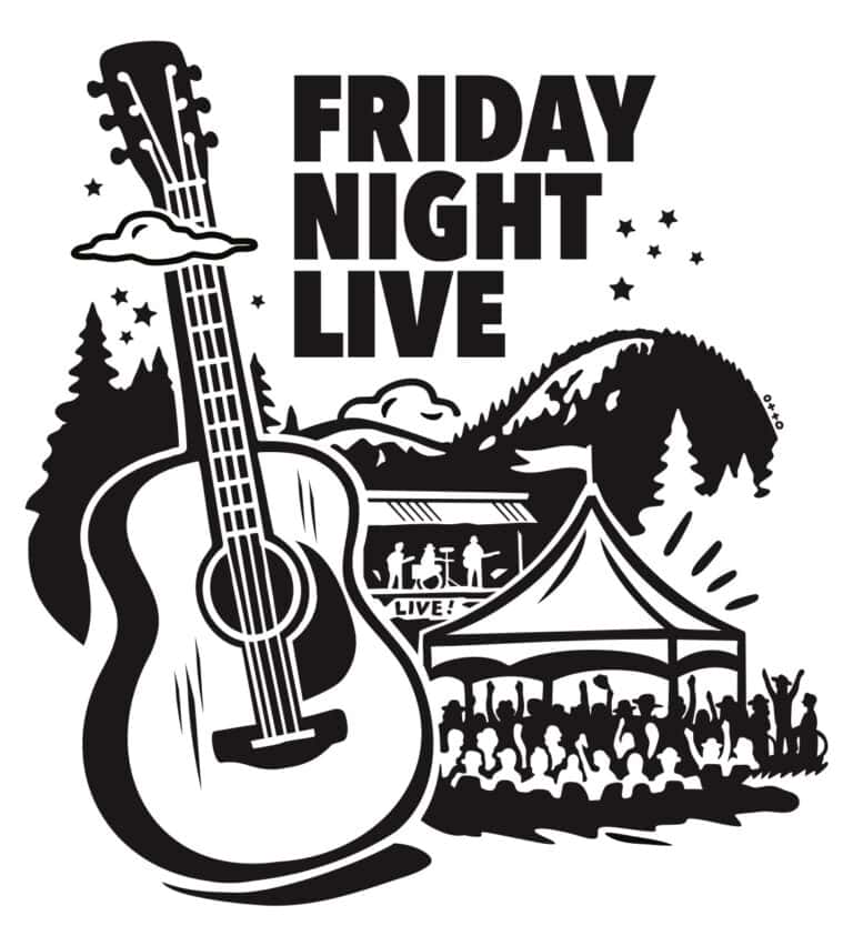 Friday Night Live outdoor music event with guitar, stage, and audience.