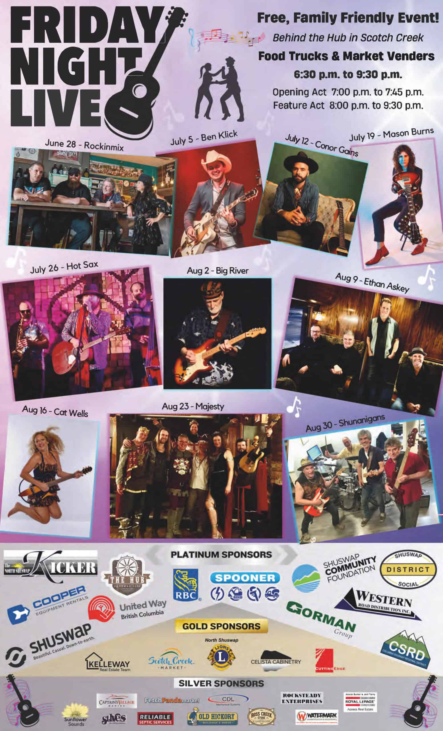Friday Night Live music event with local bands and food trucks. Family-friendly entertainment in Sco.