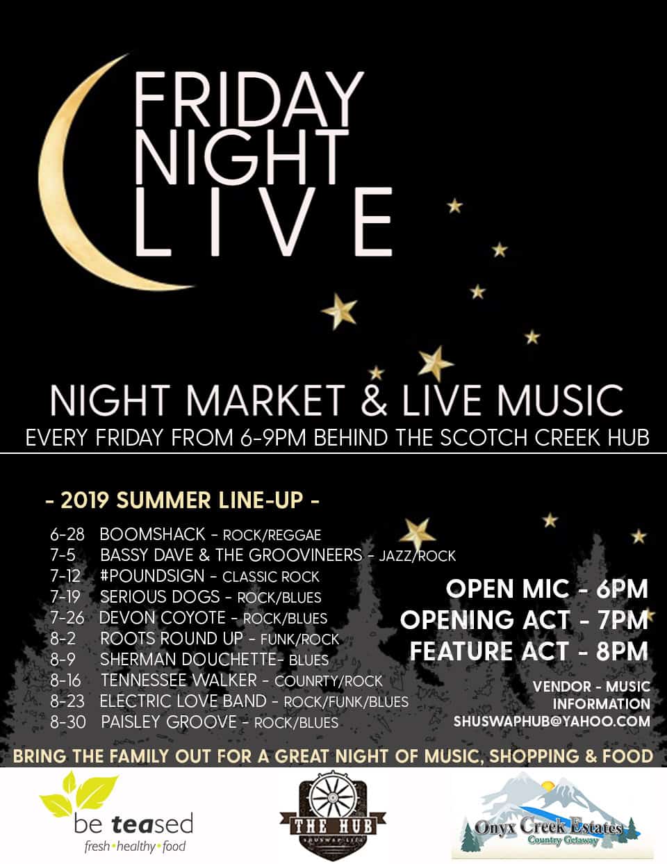 Night market and live music every Friday at Scotch Creek Hub.