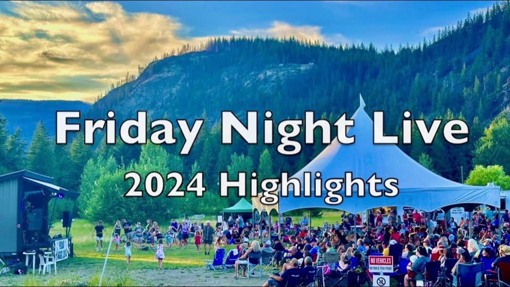 Crowd enjoying Friday Night Live outdoor event with mountains in the background.