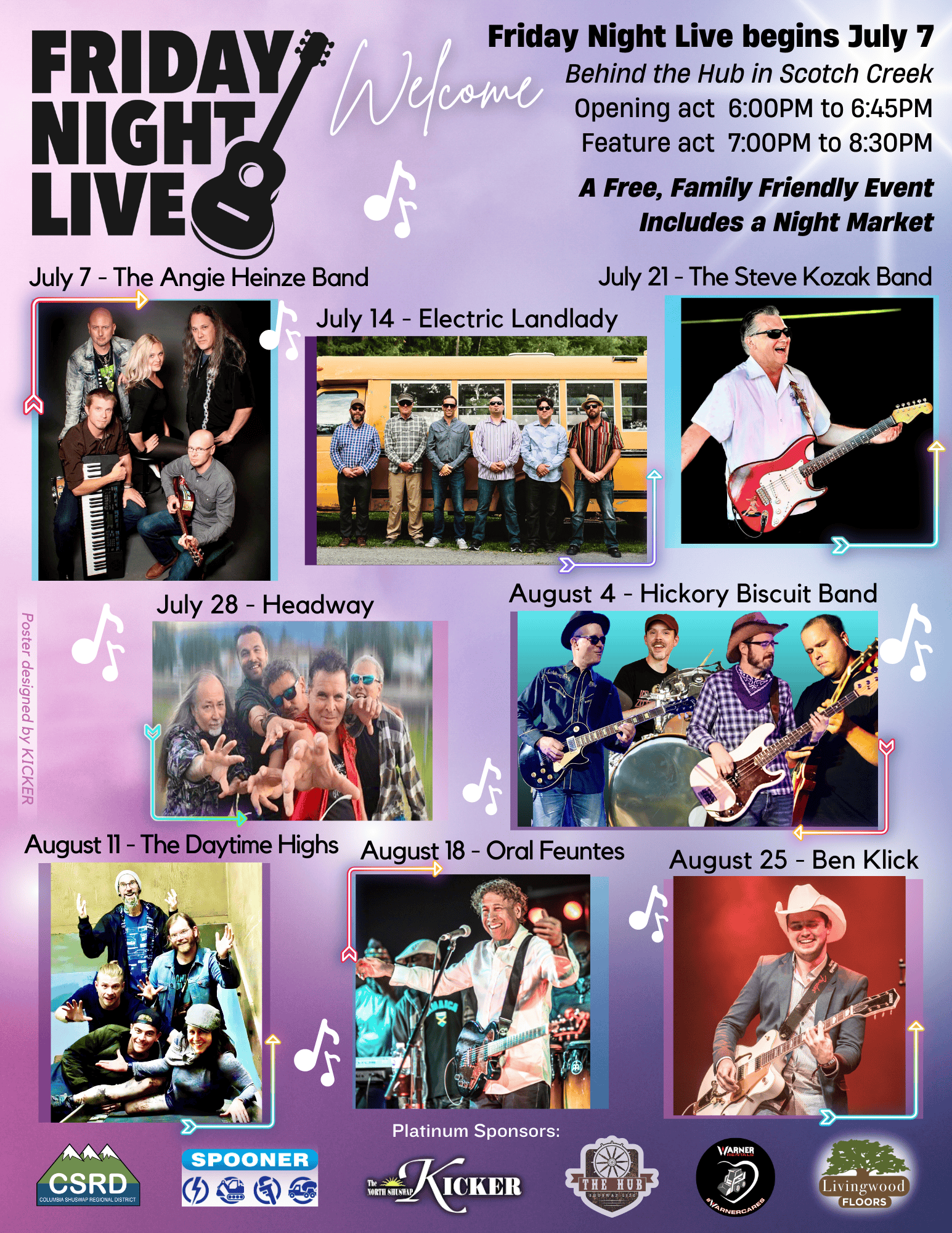 Outdoor live music event with multiple bands and family activities.